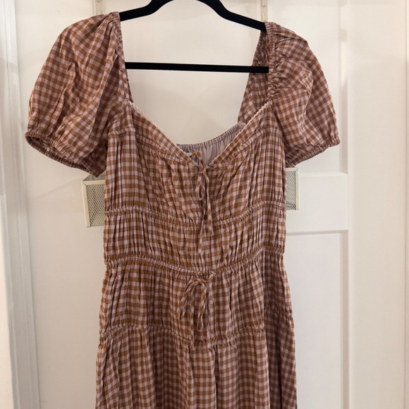 Reformation Rhett Gingham Midi Dress Brown Ivory Smocked Puff Sleeve Size 6 NEW - Picture 2 of 6